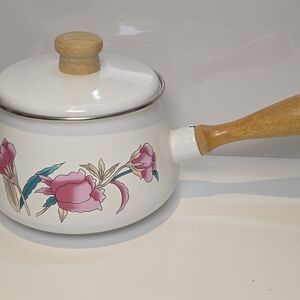Floral White Enamel Saucepan with Wooden Handle